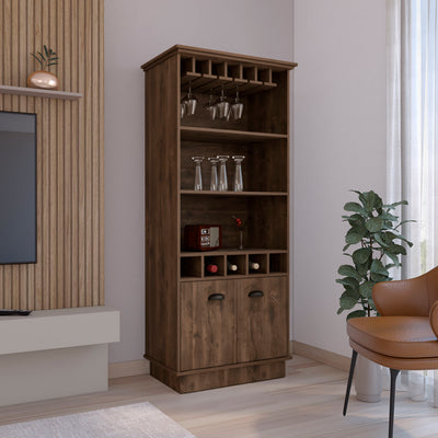 Bar Cabinet with Wine Rack 70'H, Upper Glass Cabinet, three Open Storage Shelves and One Cabinet,Dark Brown