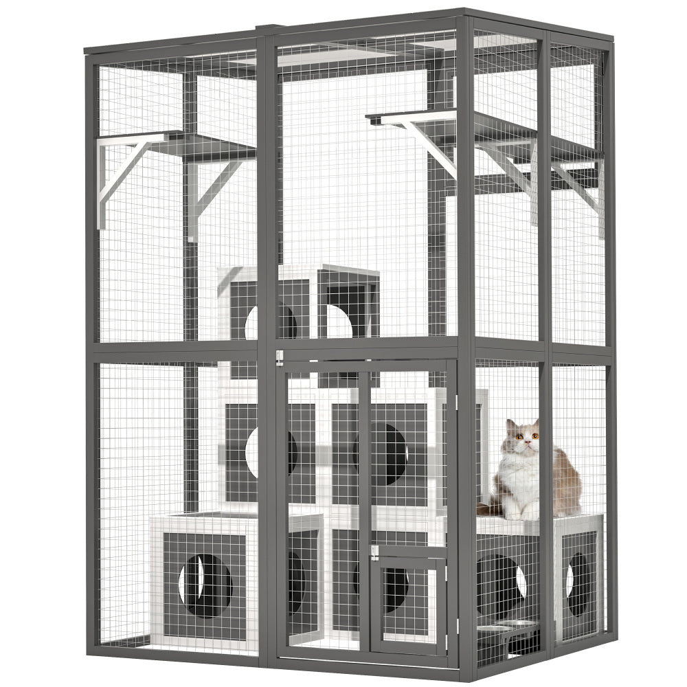 Extra Spacious Catio Outdoor Cat Haven, 110 inch Luxury Cattery with Weather-Resistant Roof, Cat Climbing Ramp, Space Pod Bed, 2 Lounging Huts
