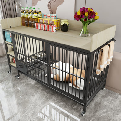 Large pet cage with storage rack, drawers with stainless steel food and water basin, made of iron frame and MDF material, sturdy, exquisite, and practical (black+beige)