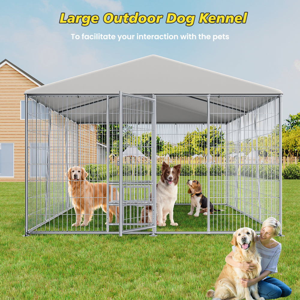 10 x 10-FT heavy-duty outdoor dog kennel with feeding bowl, full coverage waterproof roof, easy-to-assemble wire mesh fence with secure lock.