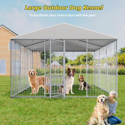 10 x 10-FT heavy-duty outdoor dog kennel with feeding bowl, full coverage waterproof roof, easy-to-assemble wire mesh fence with secure lock.