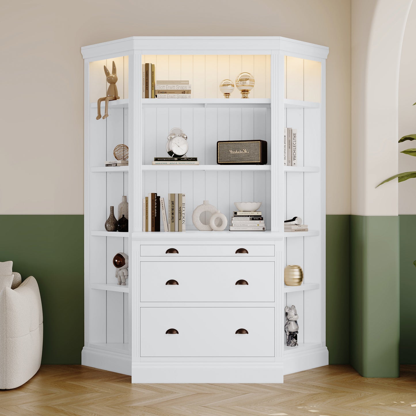 83.4'Tall Bookshelf with Two Corner Shelf Suite,Bookcase with 3 Drawer and Open Shelves,5-Tier Corner Shelf with Open Shelves,Free Standing Shelves Suite with LED Lighting for Living Room,Office,White
