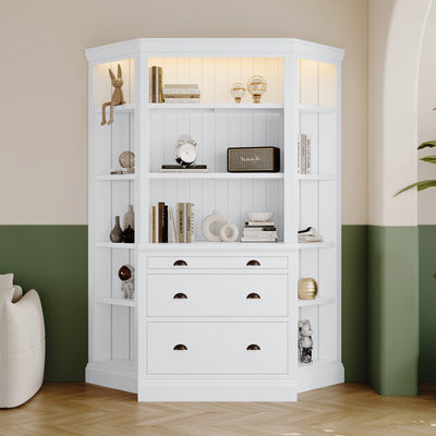 83.4'Tall Bookshelf with Two Corner Shelf Suite,Bookcase with 3 Drawer and Open Shelves,5-Tier Corner Shelf with Open Shelves,Free Standing Shelves Suite with LED Lighting for Living Room,Office,White