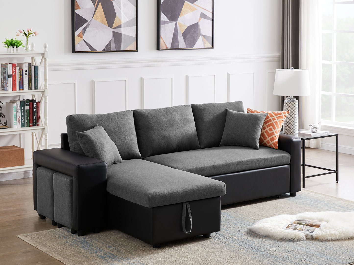 Artemax 92.5 inchLinen Reversible Sleeper Sectional Sofa with storage and 2 stools Steel Gray