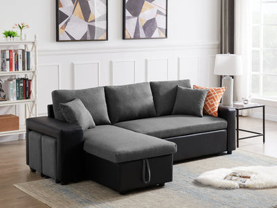 Artemax 92.5 inchLinen Reversible Sleeper Sectional Sofa with storage and 2 stools Steel Gray