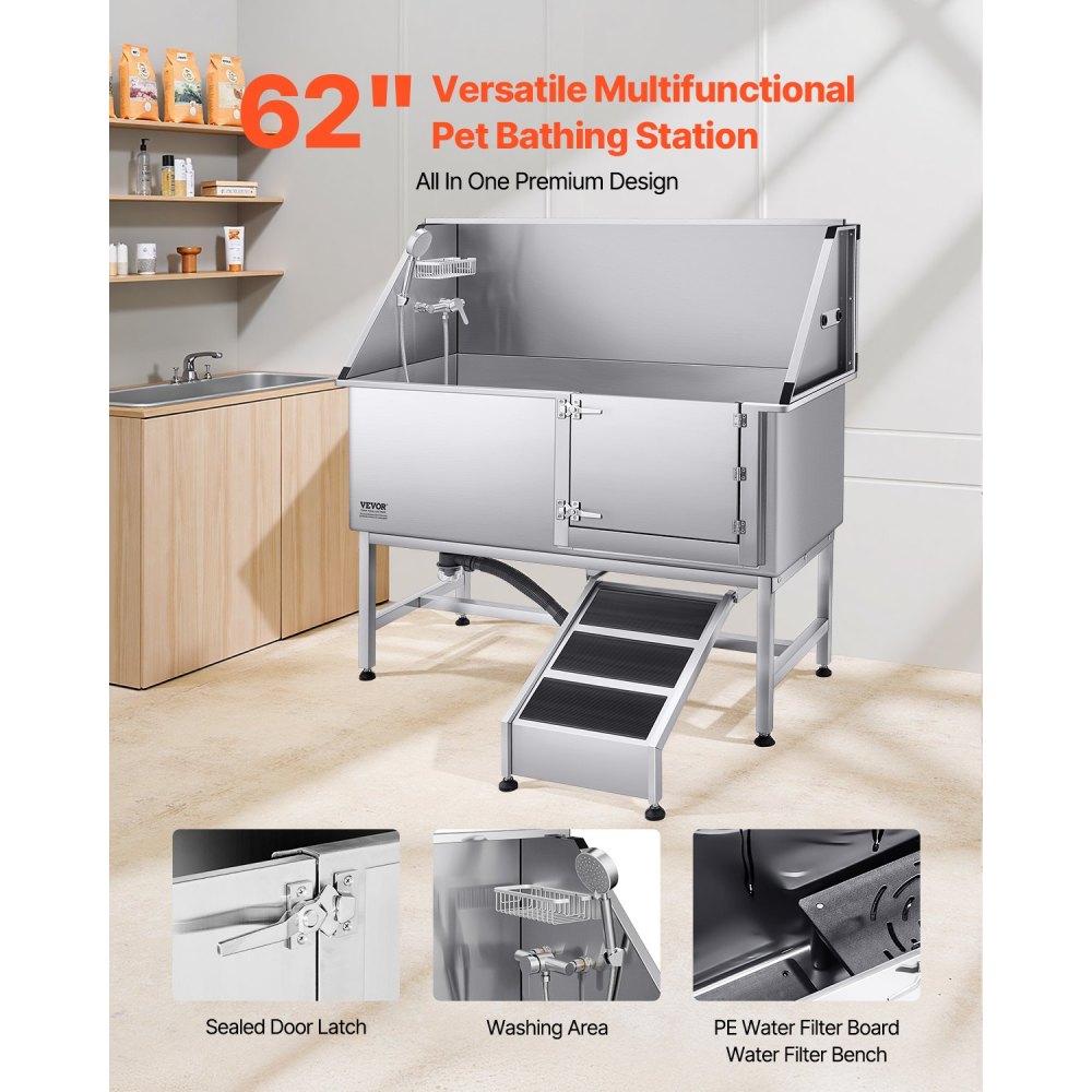 62 Inch Dog Grooming Bath Tub Stainless Steel w Ramp Water Filter