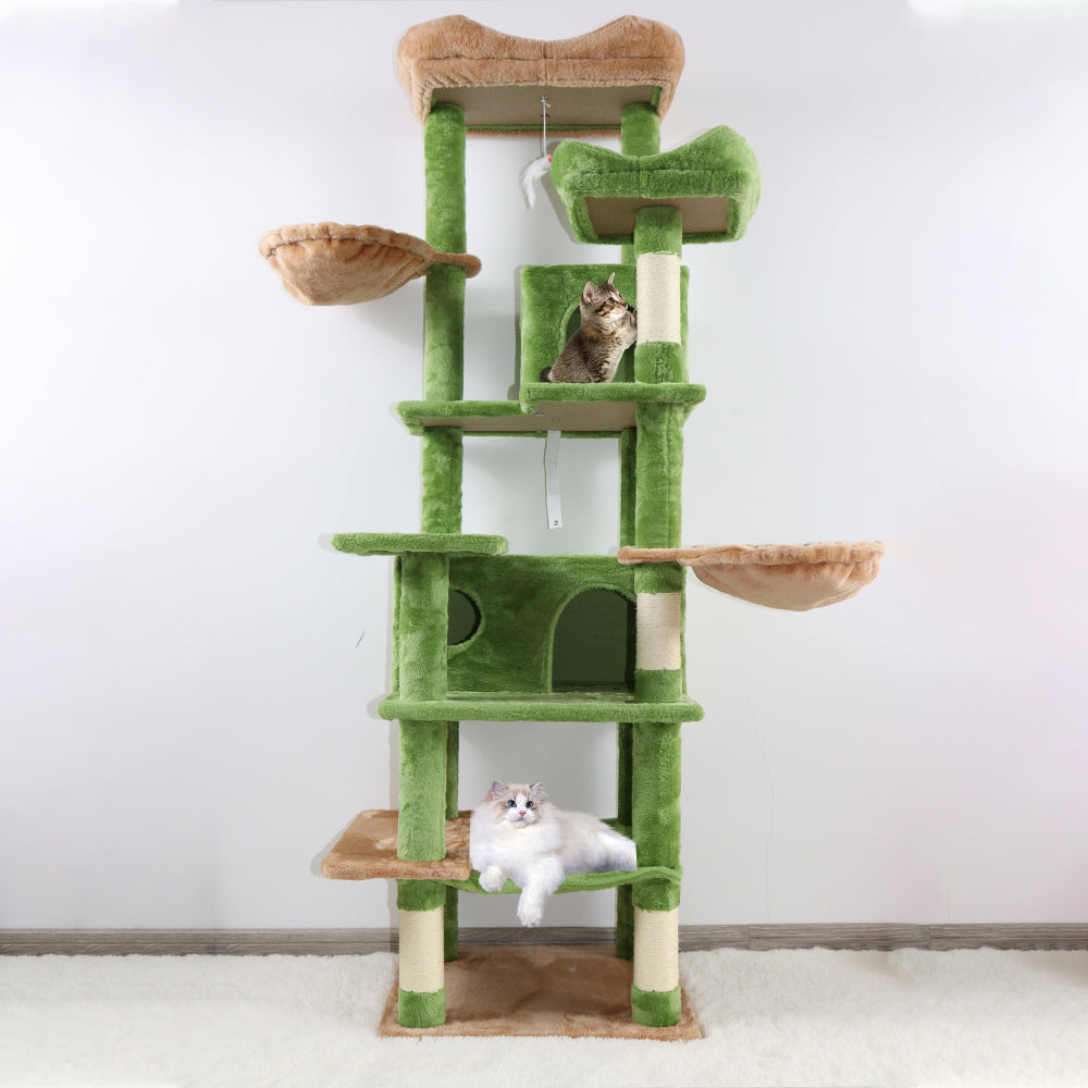 68in Tall Multi-Level Green Cat Tree with Hammocks, Hanging Basket, Cat Cave, Removeable Cushion, Scratching Posts - Plush Cat Tower for Indoor Cats, Perfect for Multiple Cats Green