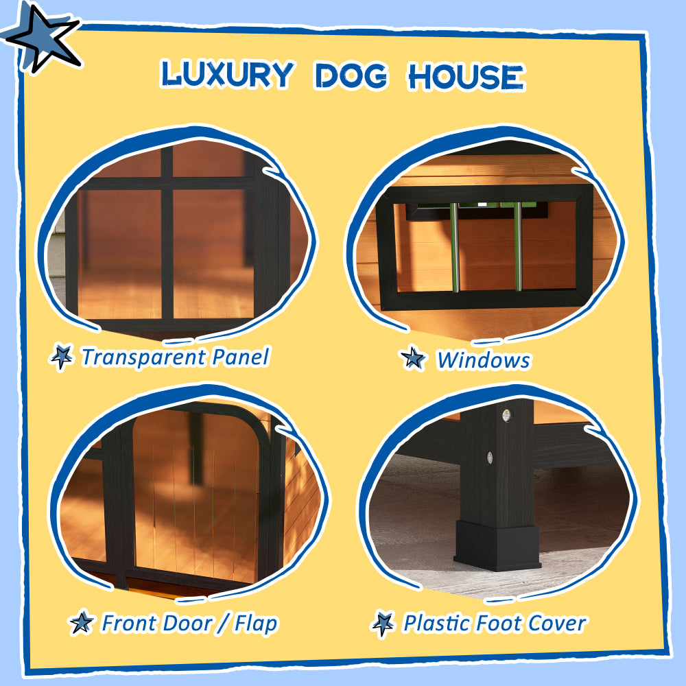 PawHut Outside Cabin-Style Wooden Dog House for Large Dogs with Openable Roof & Giant Window, Outdoor & Indoor Big Dog House, Asphalt Roof, Yellow