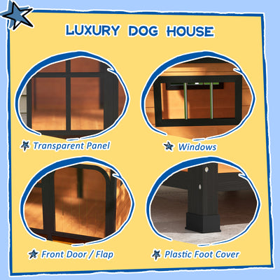 PawHut Outside Cabin-Style Wooden Dog House for Large Dogs with Openable Roof & Giant Window, Outdoor & Indoor Big Dog House, Asphalt Roof, Yellow