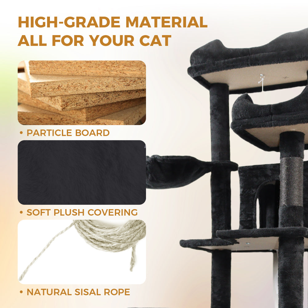 68in Tall Multi-Level Green Cat Tree with Hammocks, Hanging Basket, Cat Cave, Removeable Cushion, Scratching Posts - Plush Cat Tower for Indoor Cats, Perfect for Multiple Cats  Black