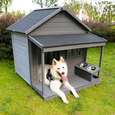 Large balcony dog house, length 44.2" x width 44.6 "x height 44.6" Solid wood asphalt roof dog house with large terrace, weatherproof large dog house, cleaning mat, feeding bowl