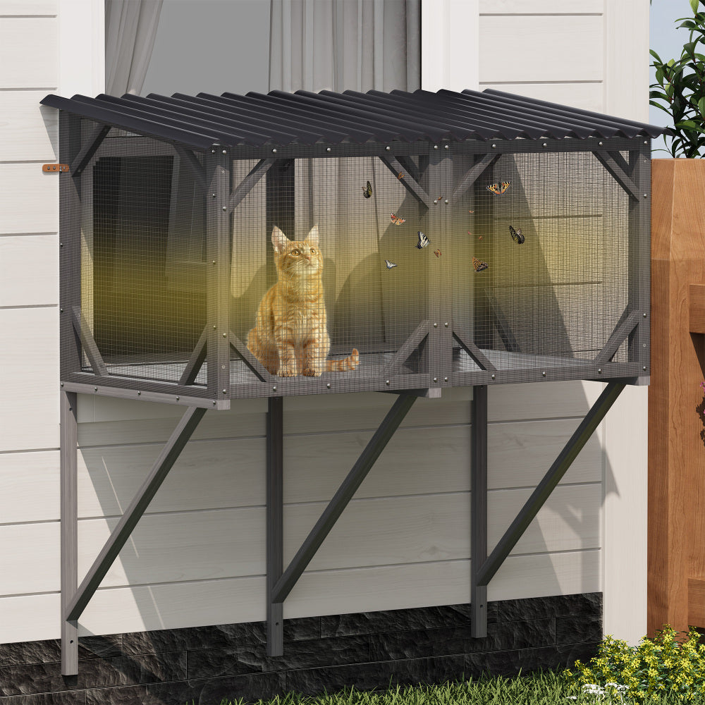Cat Window Box, 43.3" Catio Outdoor Cat Enclosure with Bug Proof Net for Sunbathing, Napping & Viewing, Window Perch for Large Indoor Cats - All Weather Use, Cat Cage
