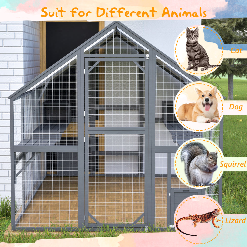 Extra Spacious Catio Outdoor Cat Haven, 110 inch Luxury Cattery with Weather-Resistant Roof, Cat Climbing Ramp, Space Pod Bed, 2 Lounging Huts