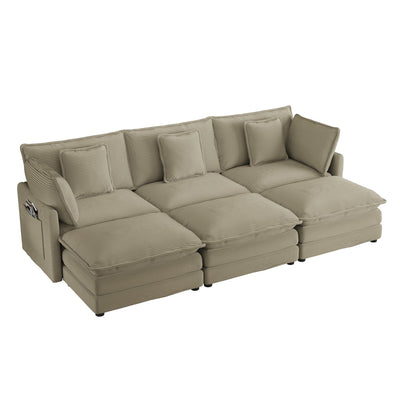 Modern 112.6' Modular Sofa Couch with Corduroy Upholstery, Side Storage Pockets & Movable Ottomans, Brown