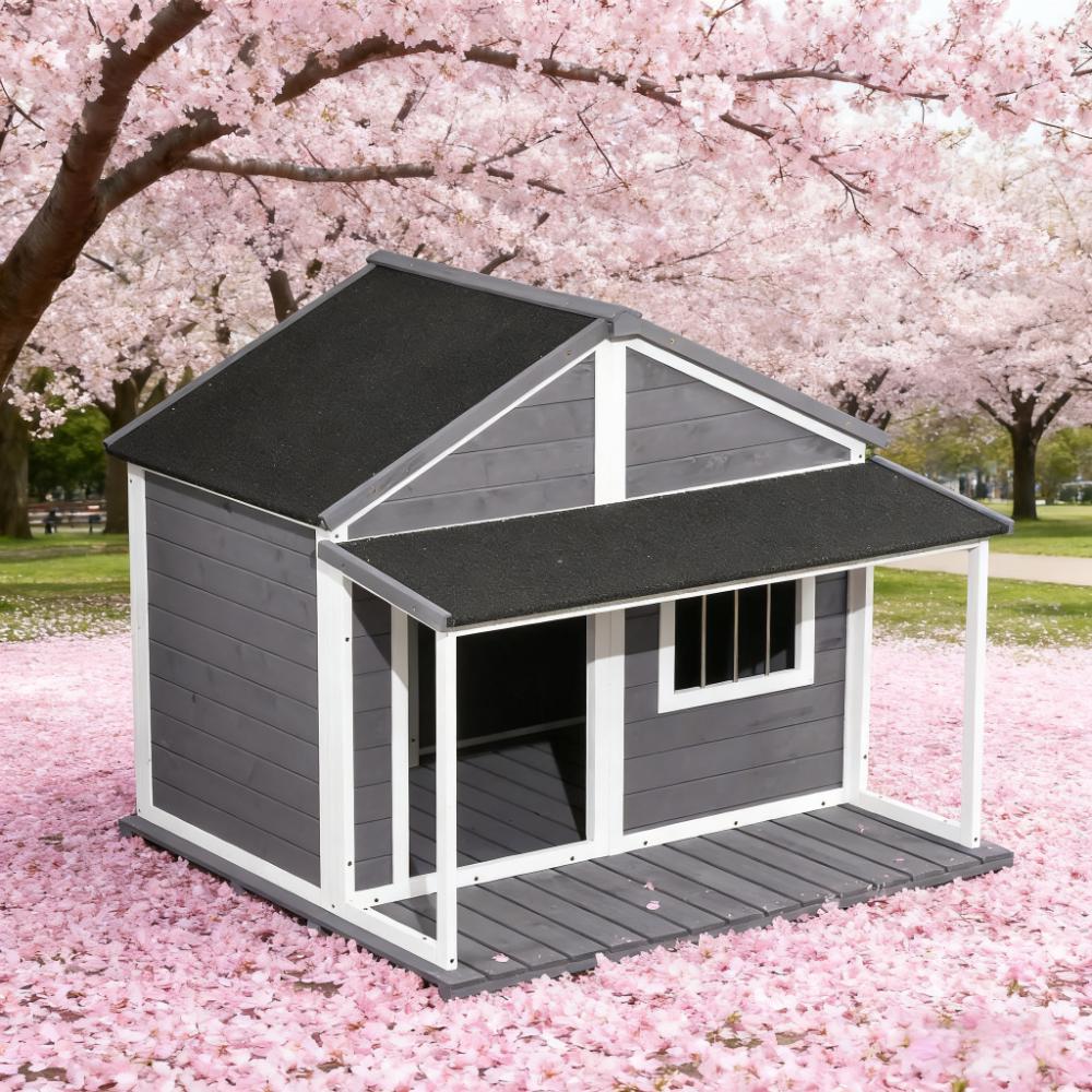Dog House Wooden Dog Kennel Weatherproof with Porch, Openable Roof, Removable Bottom, Elevated Floor, Double Room