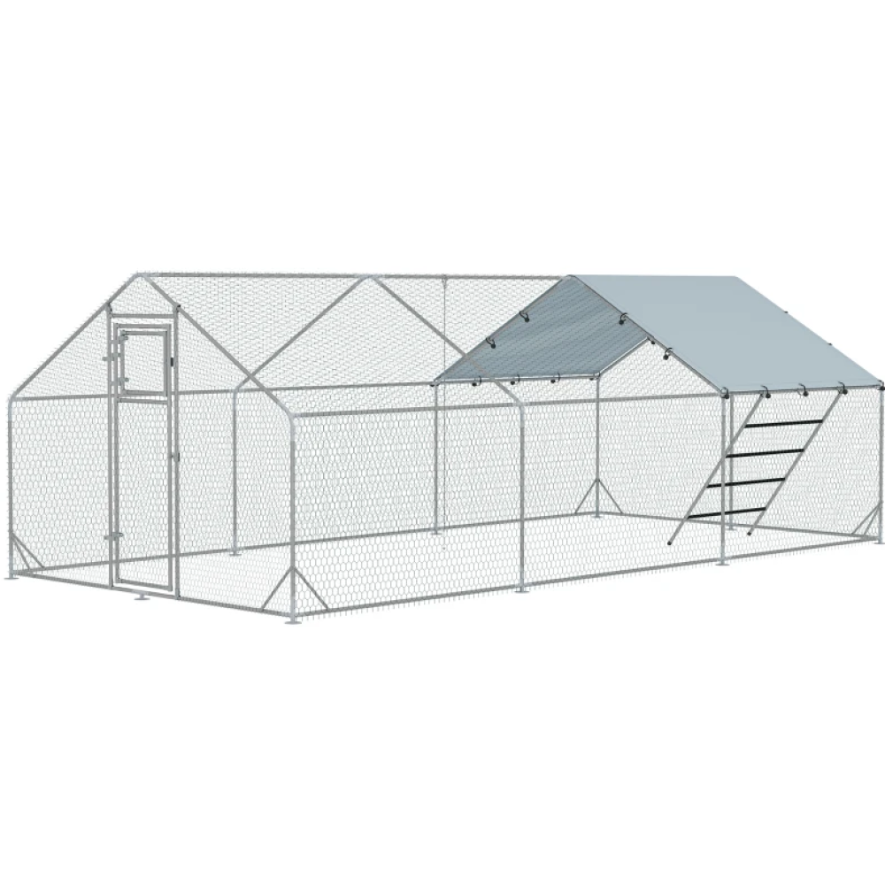 Metal Chicken Run w/ Waterproof & Anti-UV Cover, Feeding Door, Hanging Feeder