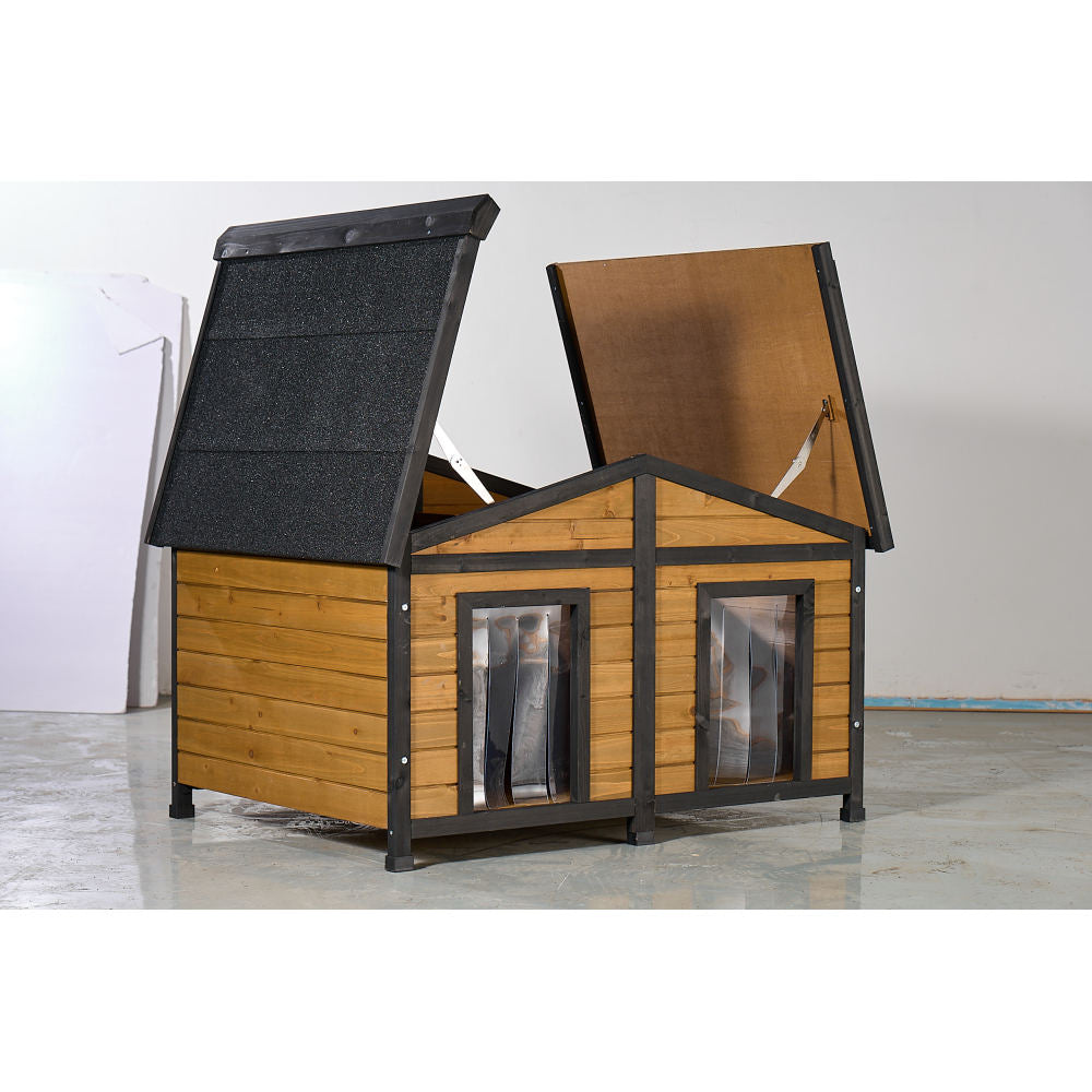 Large Outdoor Wooden Dog House with Dual Doors, Waterproof Asphalt Roof & Lift-Up Top, Fir Wood Dog Shelter for Medium to Large Dogs (Black & Natural Finish)