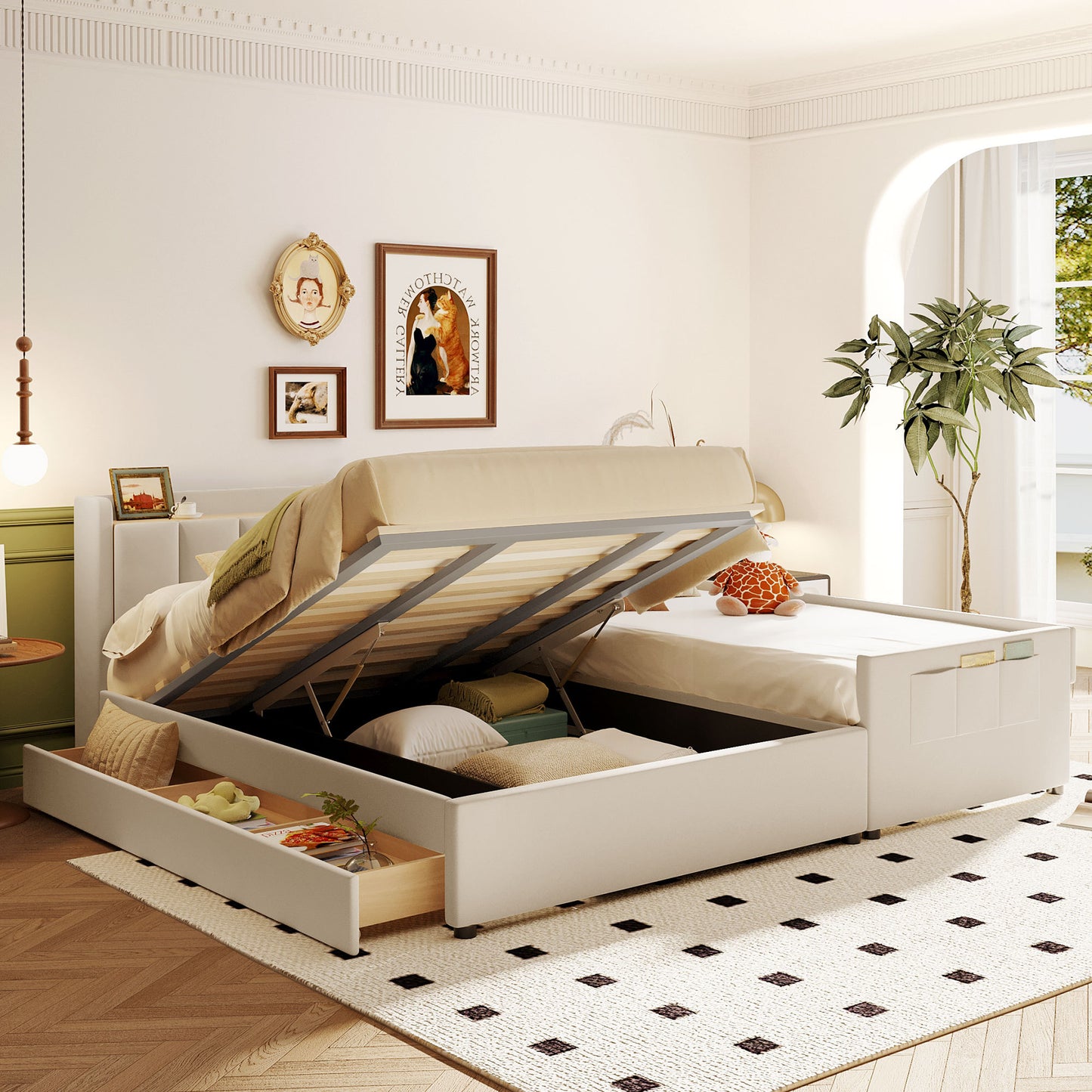 Queen Size & Twin XL Size Upholstered Platform Bed, Mother & Child Bed with Hydraulic Storage System, Drawer Box, Bedhead storage shelf and Two pairs of sockets & USB Ports, PU Leather, Beige