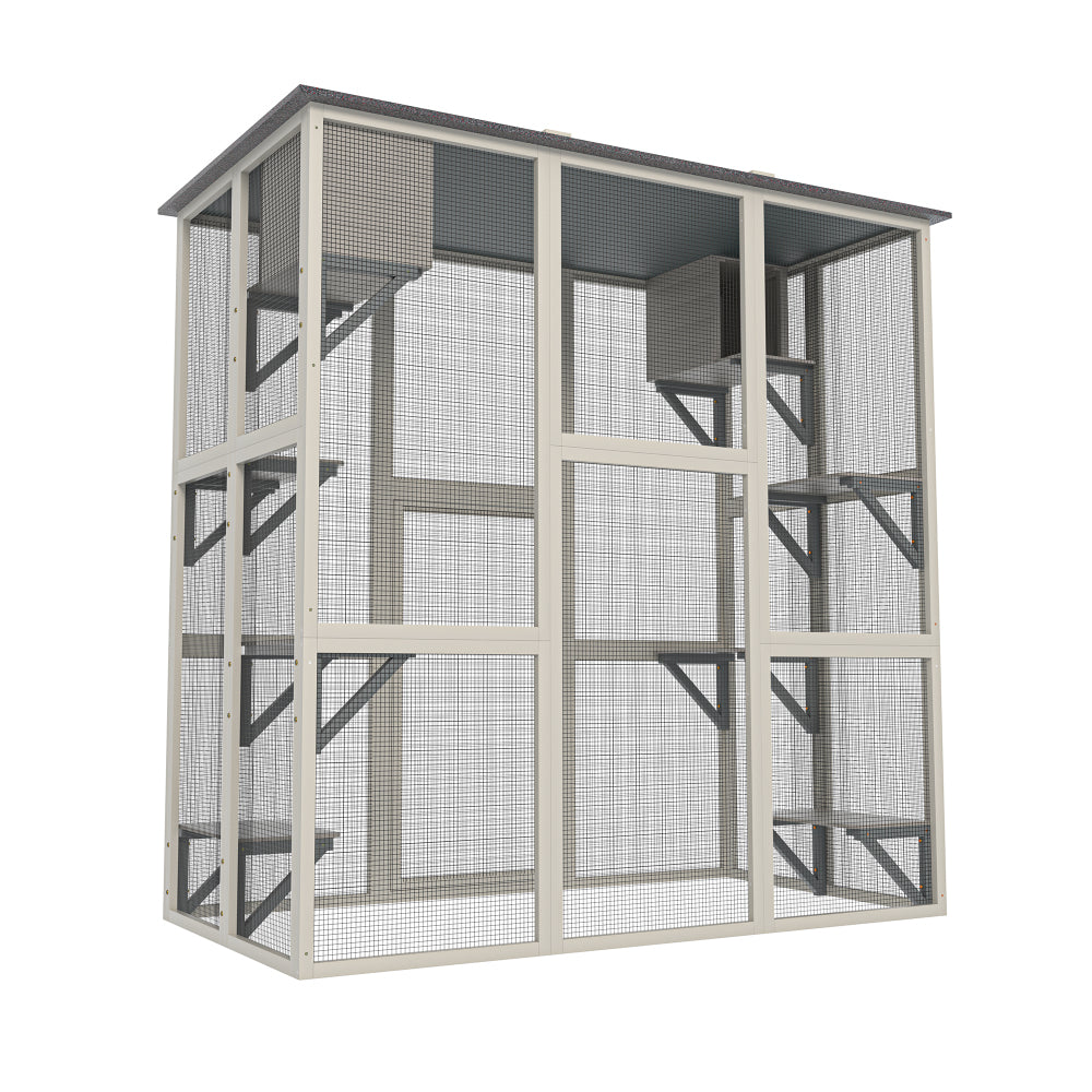 Gray Wooden Outdoor Catio Cat Enclosure with Weatherproof Asphalt Roof, Large Walk-in Cat House with 6 Platforms & 2 Napping Boxes, Solid Wood Cat Cage  Kennel Condo Playpen for Patio