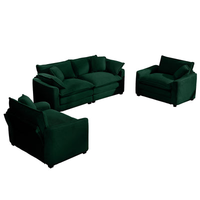 Warm and Cozy Home Theater Sofa Set with Soft Cushions in Green Corduroy Fabric, 2-Seater and Two Singles