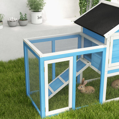 PawHut 48" Wooden Rabbit Hutch Bunny Cage with Waterproof Asphalt Roof, Fun Outdoor Run, Removable Tray and Ramp, Light Blue