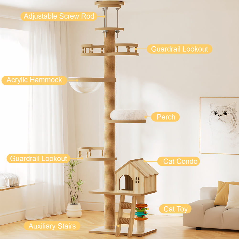 Floor to Ceiling Cat Tree, Cat Tower with Scratching Post, Adjustable Height(98-110 Inch), Large Wood Condo Cave Bed and Hammock, Modern Cat Activity Tree