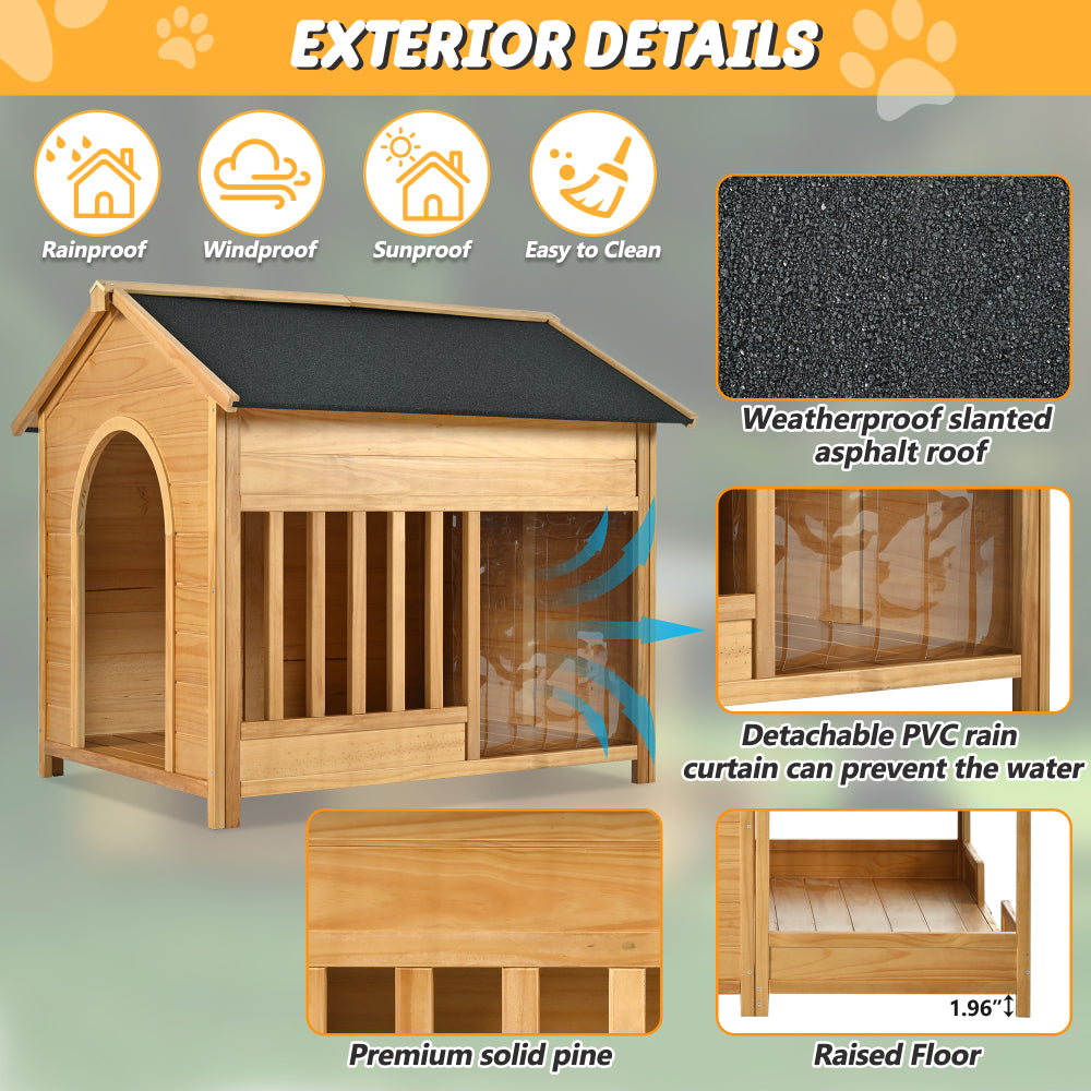 60.2" Large Outdoor Dog House with Insulated Liner for Winter Waterproof Dog Kennel for Medium & Large Dogs, Dog House with Porch and Asphalt Roof and Elevated Floor, Nature