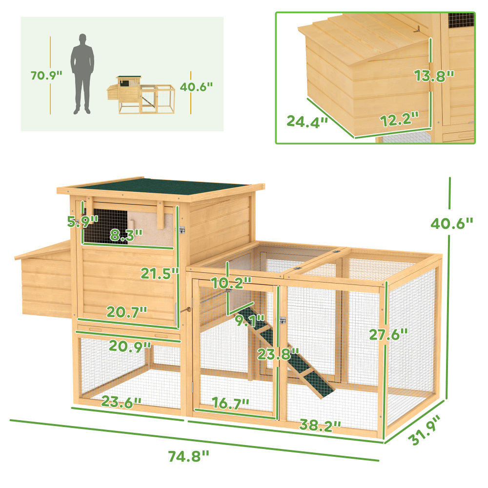 Wooden Chicken Coop with Nesting Box, Removable Tray, Ramp Run,  Natural Wood