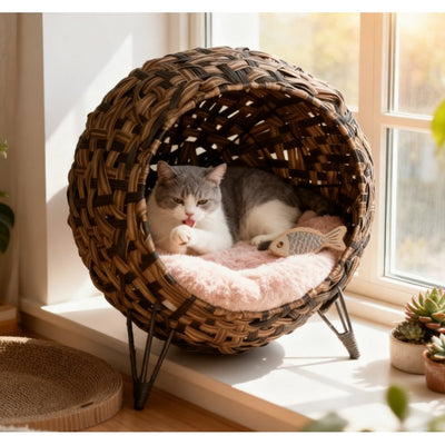 Elevated Hand-woven Braided Banana Leaf Kitten House Condo with Cushion,Weaved Cat Bed