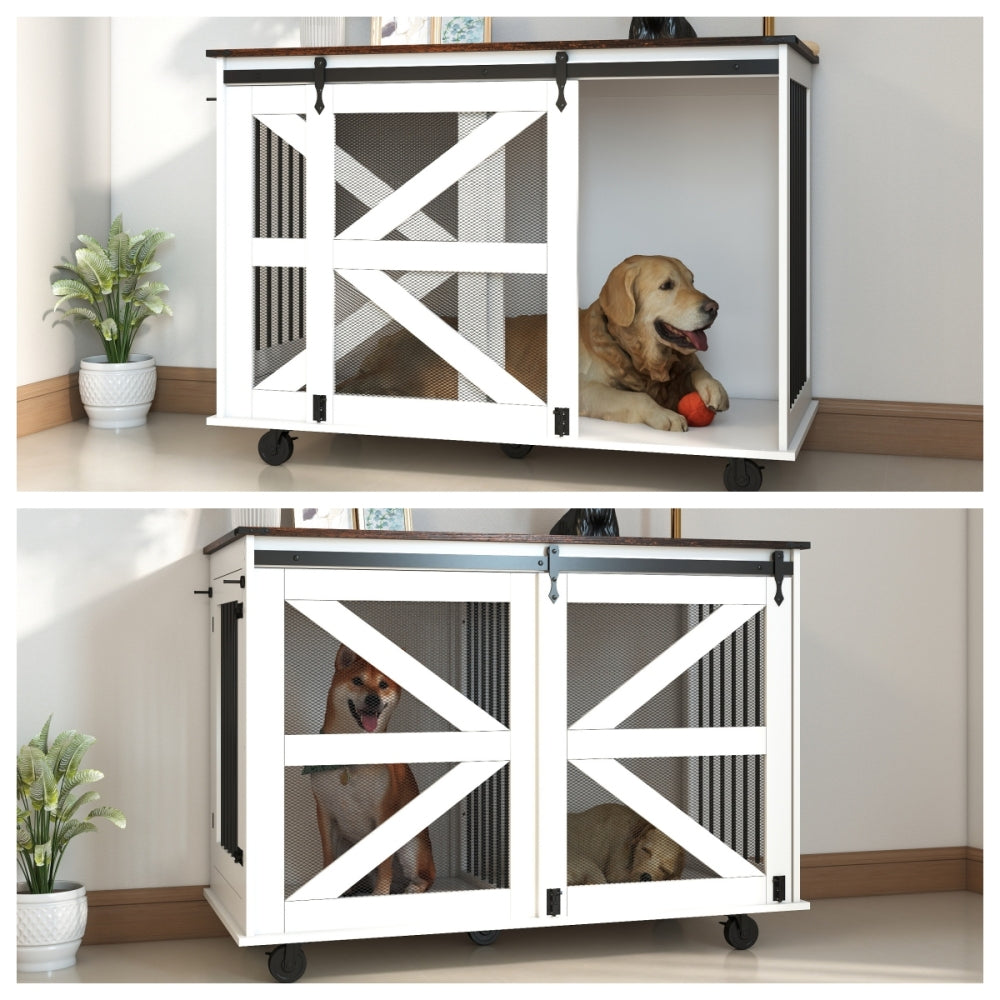 47.2" Mobile Dog Crate with Flip-Top Feeding Door, Dual-Access & 5 Caster System (2 Locking), Side Hooks - Multi-Functional Pet Kennel,double dog crate furniture