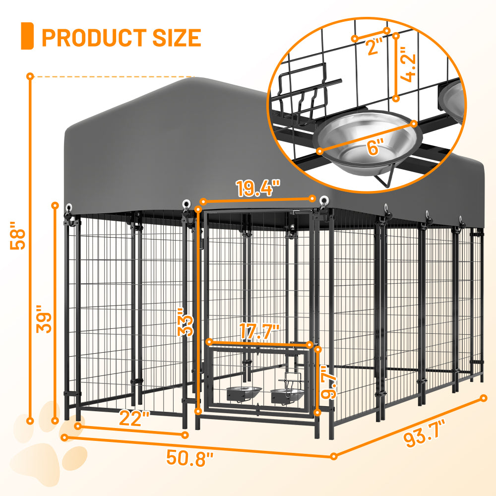 Dog Kennel Outdoor with Roof, 4.23'x7.81'x4.83' Welded Wire Enclosure, Heavy Duty Dog Crate with UV-Resistant Waterproof Cover, Double Lock & Rotating Feeder for Medium/Large Dogs