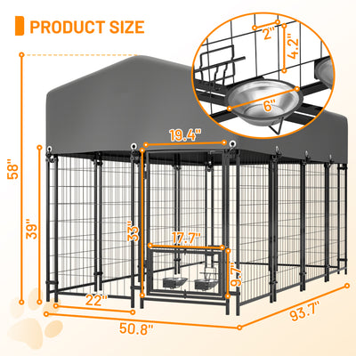Dog Kennel Outdoor with Roof, 4.23'x7.81'x4.83' Welded Wire Enclosure, Heavy Duty Dog Crate with UV-Resistant Waterproof Cover, Double Lock & Rotating Feeder for Medium/Large Dogs