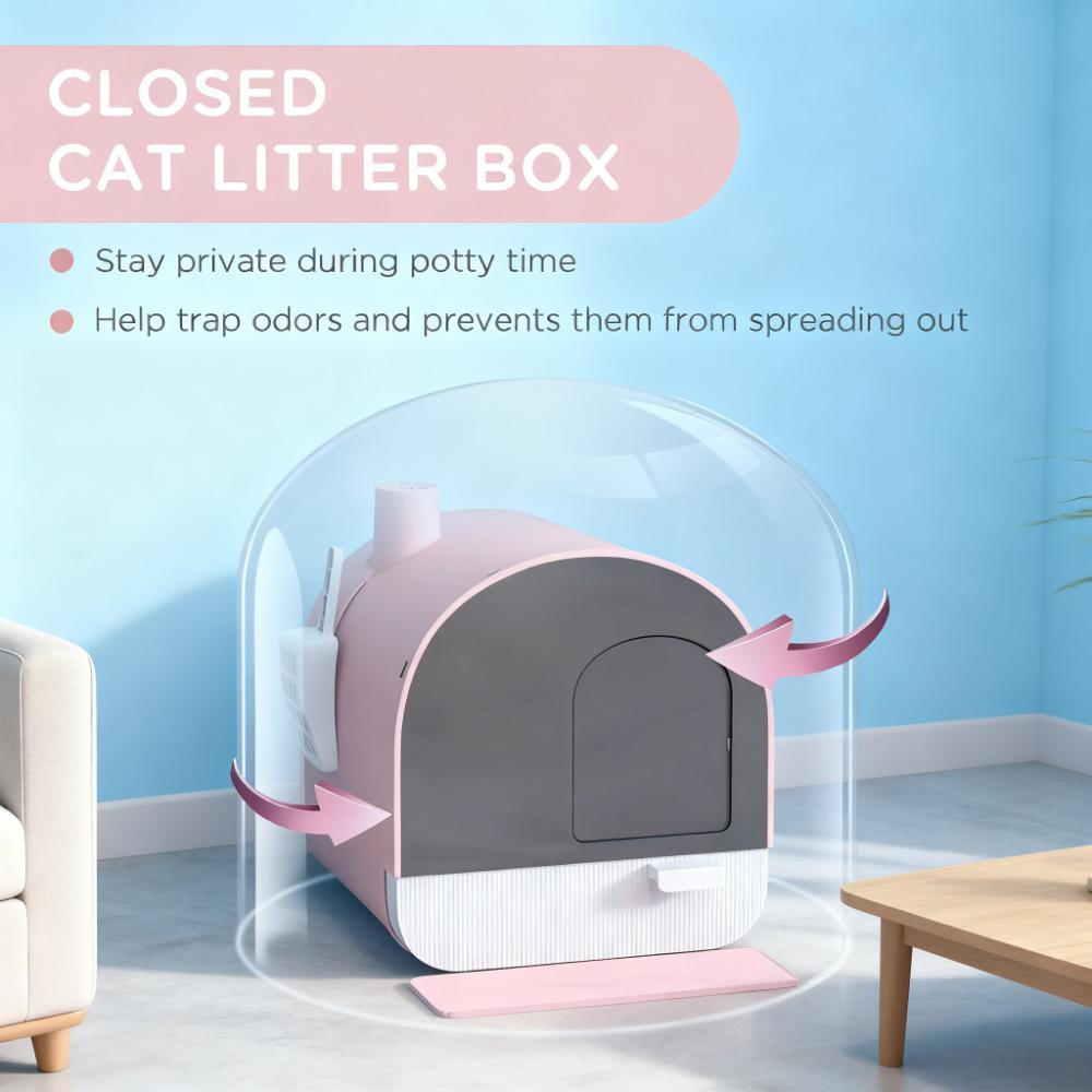 Pink  Cat Litter Box with Lid with Scoop and Filter