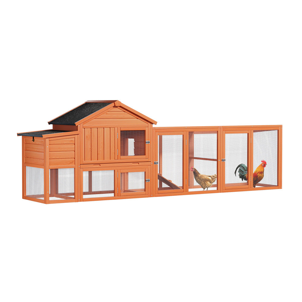 113.5" Large Wooden Chicken Coop Outdoor Hen House with Run, Waterproof Roof & Nesting Box, Secure Lock, Removable Tray, Ramp & Perch for 2–4 Chickens or Small Pets
