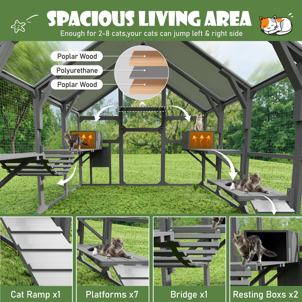 Large Catio Outdoor Cat Enclosure for Multiple Kittens, Wooden Cat House with 7 Platforms, 2 Resting Boxes, 1 Bridge and 1 Ramp, Walk in Kitty Cage Kennel with Sunshine Board Roof, Gray