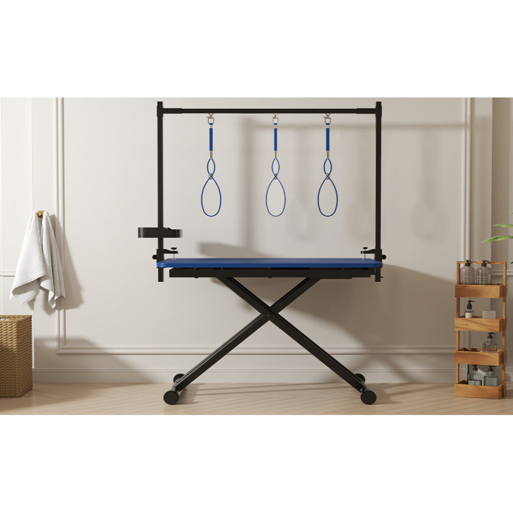 47'' Blue Large Dog Grooming Table X-Lift Foldable Grooming Table for Dogs at Home Adjustable Height Arms Pet Station with Nooses, Tool Organizer