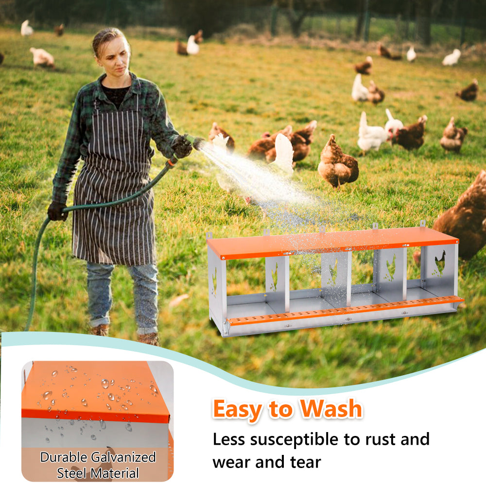 4-Bay Metal Nest Box-Wall Mount for Hens/Ducks, Easy Egg Collection & Assembly, Vented Galvanized Steel Coop Equipment Orange