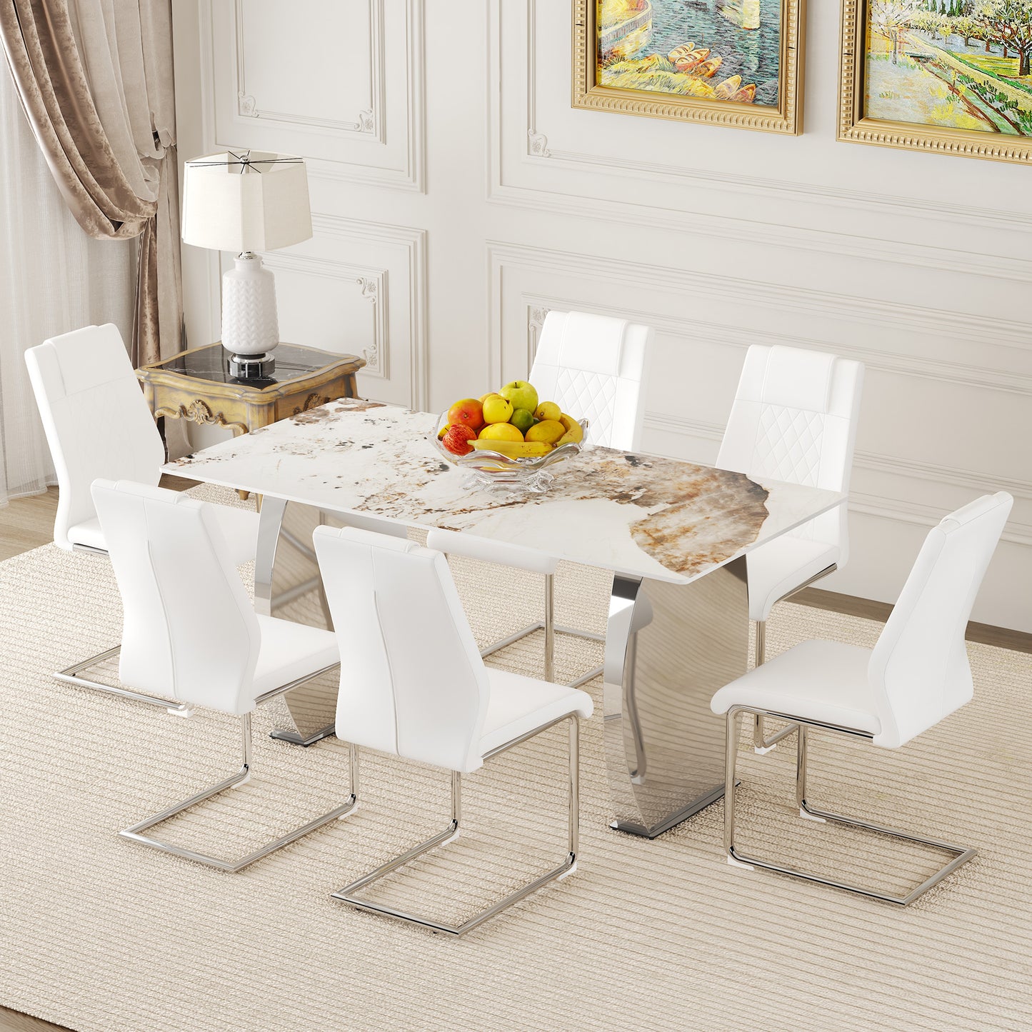 Table and chair set.63*31.4 Inch Pandora Patterned Sintered Stone Dining Table Set - 6 White Chairs With Silver Metal Legs.Modern Light Luxury.Perfect For Dinner Room,Meeting Room,Kitchen,etc.