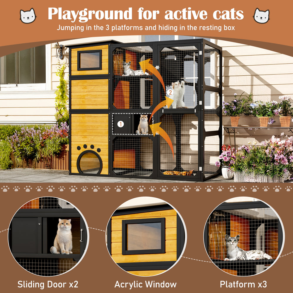GO Large Cat Catio 4 Tiers Cat Enclosure for Outdoor, Cat House Weatherproof Attached to Window for Multiple Cats with Platforms and Resting Rooms, Brown