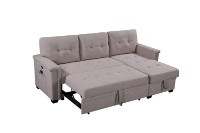 Ashlyn 84' Light Gray Reversible Sleeper Sectional Sofa with Storage Chaise, USB Charging Ports and Pocket