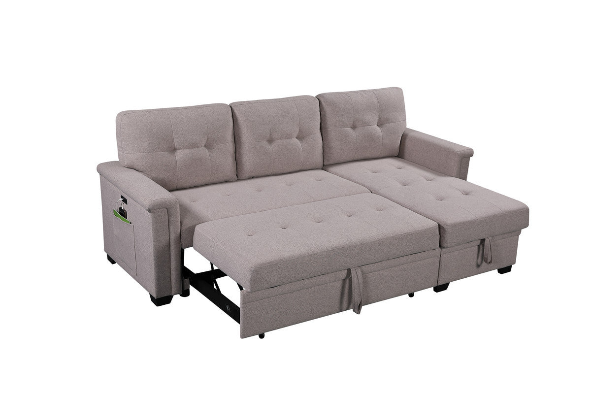 Nathan 84' Light Gray Reversible Sleeper Sectional Sofa with Storage Chaise, USB Charging Ports and Pocket