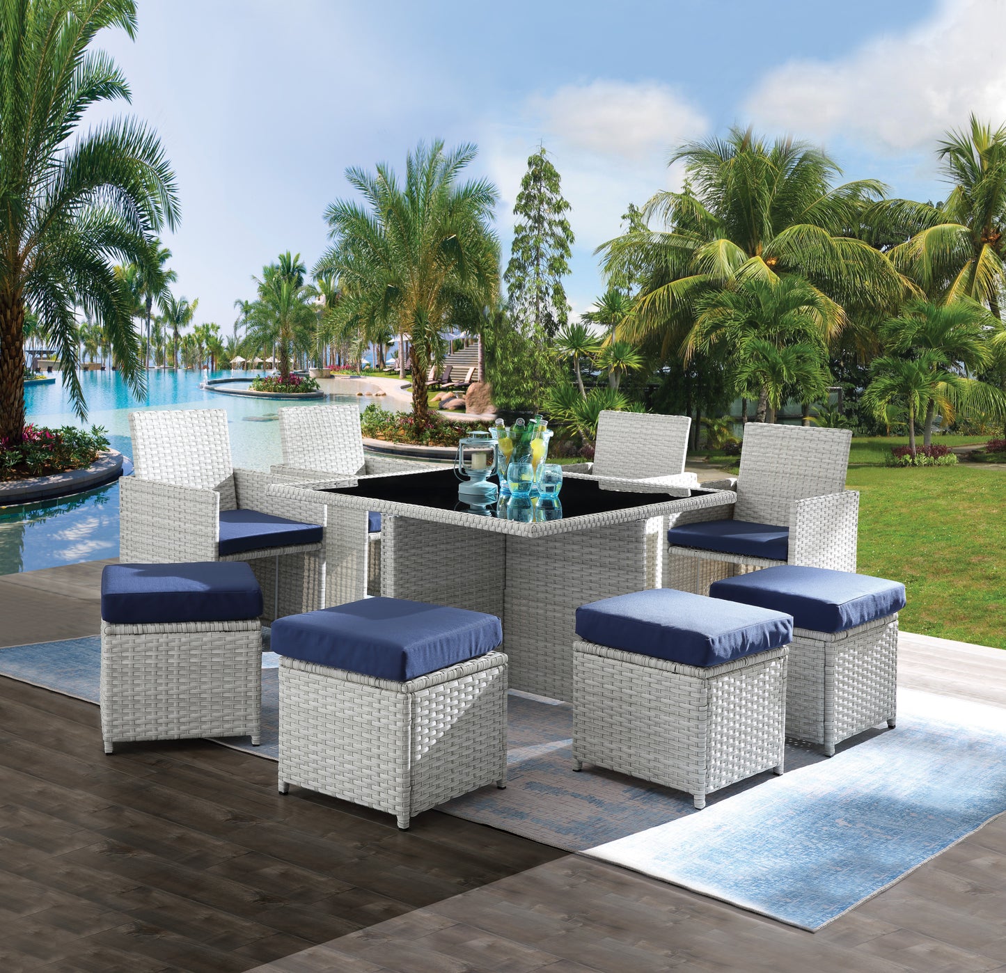 Paitalyi 9PCs Blue Fabric & Wicker Bistro Set