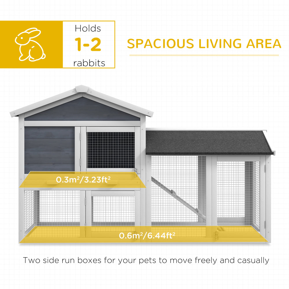 PawHut 58" Rabbit Hutch, Wooden Bunny Hutch, Guinea Pig Cage, Small Animal Enclosure with Run Area, Removable Tray, Asphalt Roof, Lockable Doors and Ramp, Gray