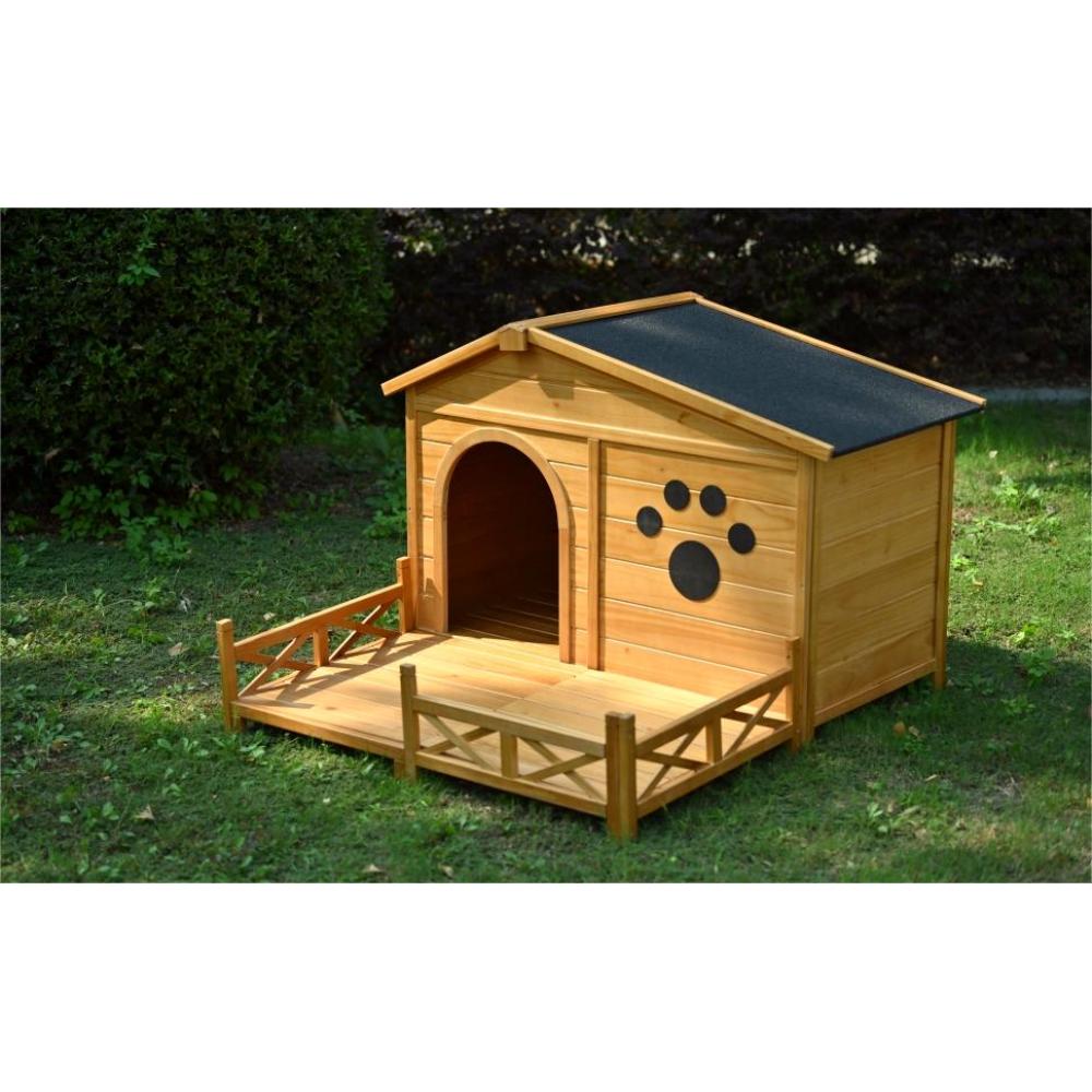 48" Wooden Dog House Outdoor with Porch, Dog Kennel with Water-Resistant Asphalt Roof and Fencing,Indoor & Outdoor Dog Crate with Paw Print, Medium, Nature