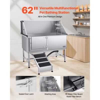 62 Inch Dog Grooming Bath Tub Stainless Steel w Ramp Water Filter Left