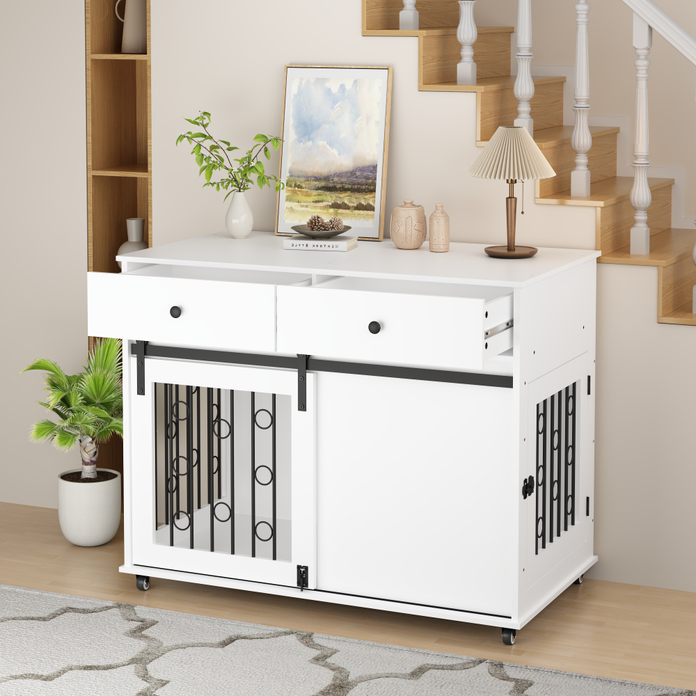 39.37'' Modern Wooden Dog Crate Furniture with Double Drawers and Sliding Barn Door, Decorative Pet Kennel End Table with Lockable Wheels, Stylish Dog Cage for Small to Medium Dogs – White