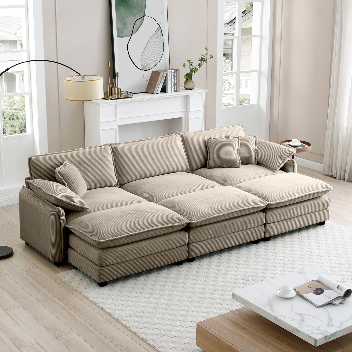 Oversized modular cushioned sofa,with 3 ottomans to work as sleeper sofa beds, 3-seater sofa with 3 footstools,Tan corduroy fabric