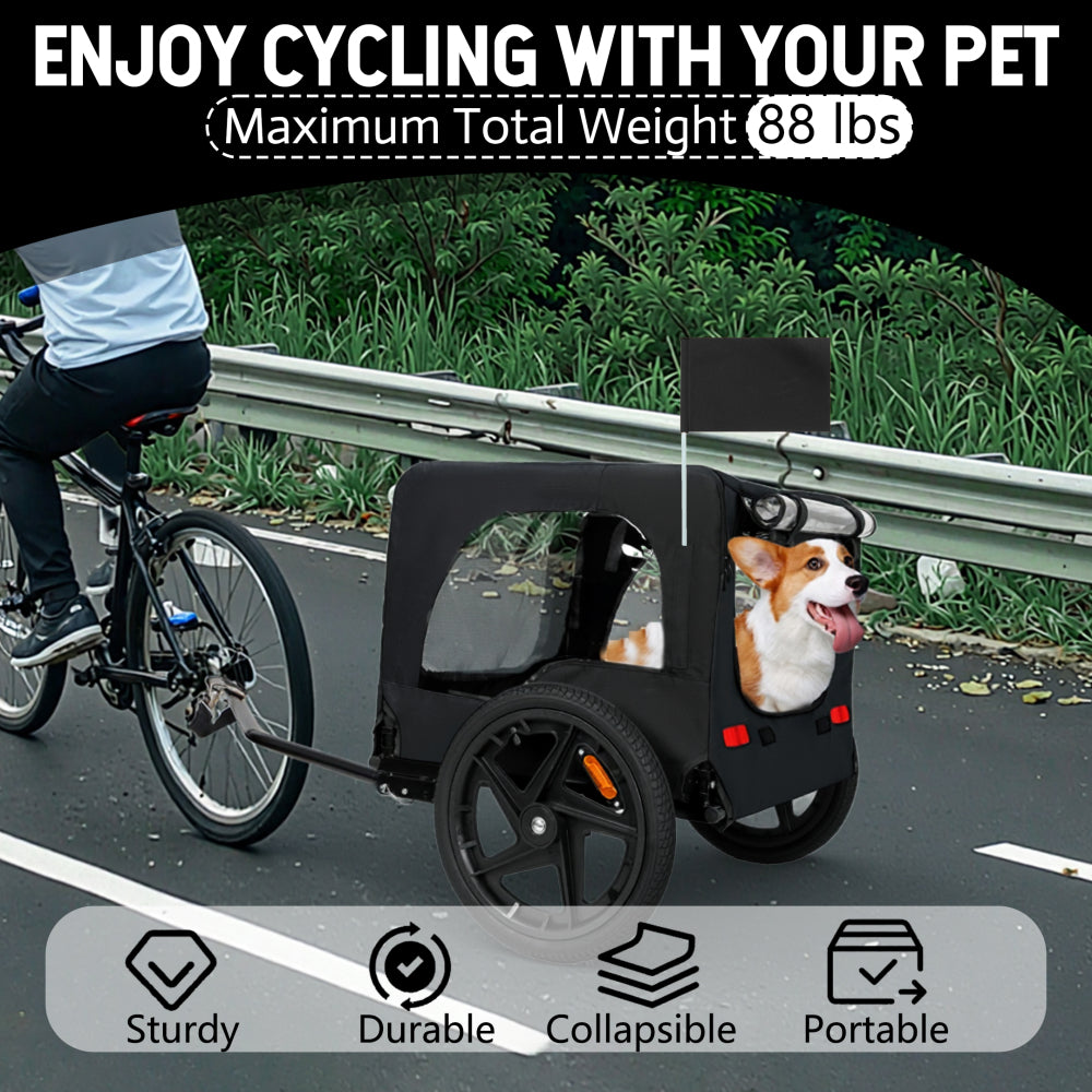 Outdoor Heavy Duty Collapsible Pet Bike Trailer with 16-Inch All-Terrain Wheels & Universal Hitch – Foldable Dog/Cargo Carrier Cart for Bicycles, black