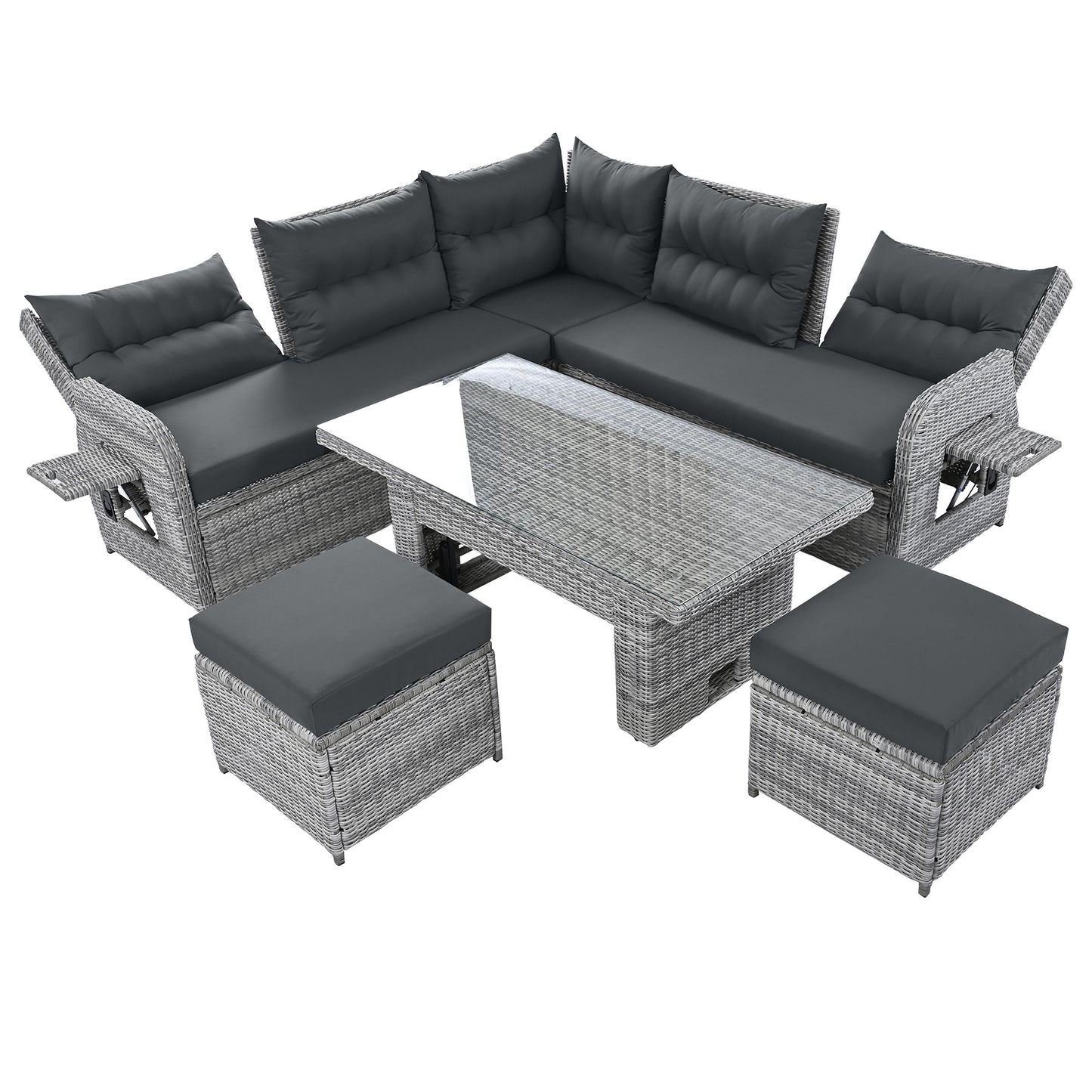 Outdoor Furniture Set Patio Rattan Furniture with Adjustable Table, Recliners, Side Tables, Ottomans, Grey, Iron Frame