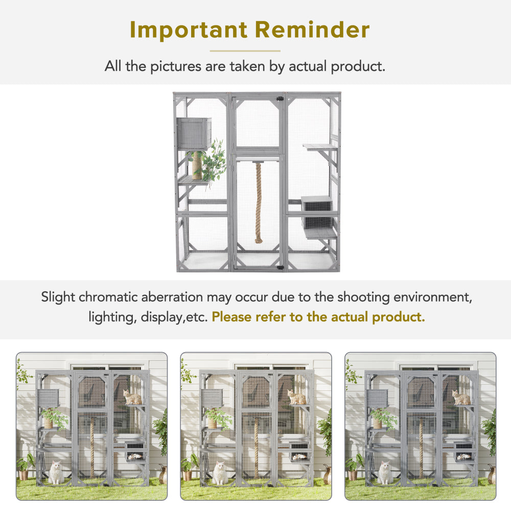 Outdoor Cat House, DIY Cat Enclosure, Cat Catio with Double Enter Doors, 62.8"L x 32.2"W x68.5"H Balcony Cat Playpen with Platforms and Two Condos for 1-3 Cats, Light Grey